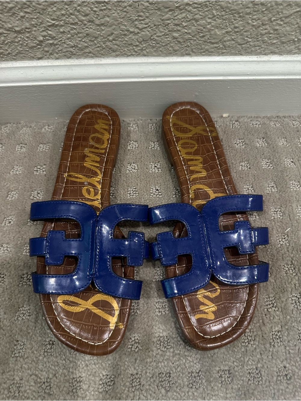 Sam Edelman Glossy Royal Blue Slide Sandals with Brown Footbed